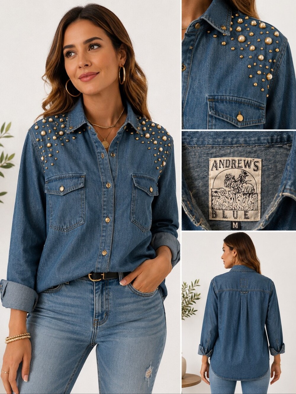 Vintage Andrews Blues 90s Embellished Denim Shirt – Size Medium